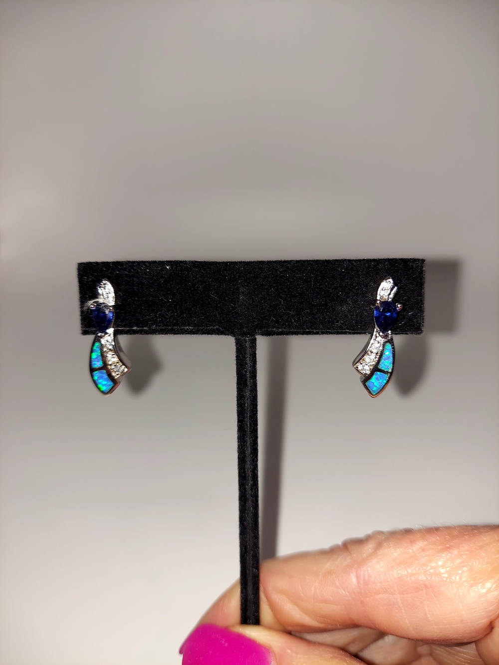 New! Blue Fire Opal Teardrop Accent Earrings Silver Posts